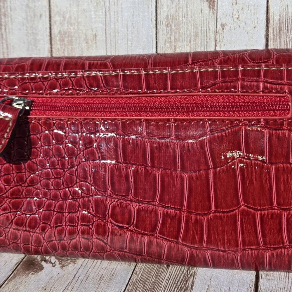 Red Croc Embossed Wallet Checkbook Organizer Snap Closure Zip Pocket